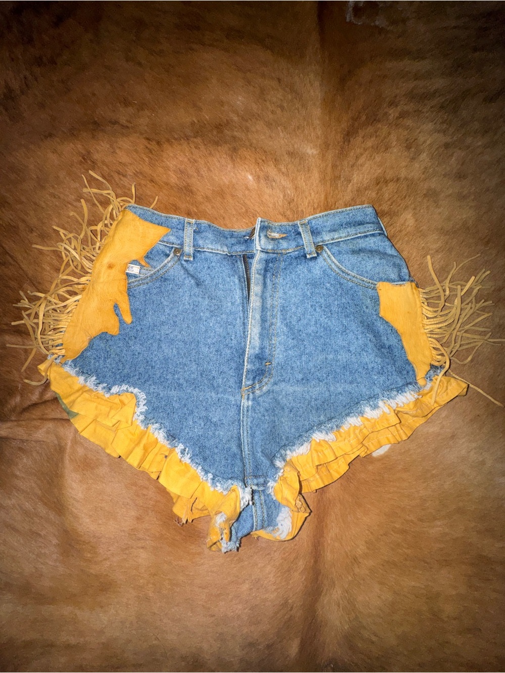 Denim High-Waist Shorts with Yellow Ruffle Trim custom made